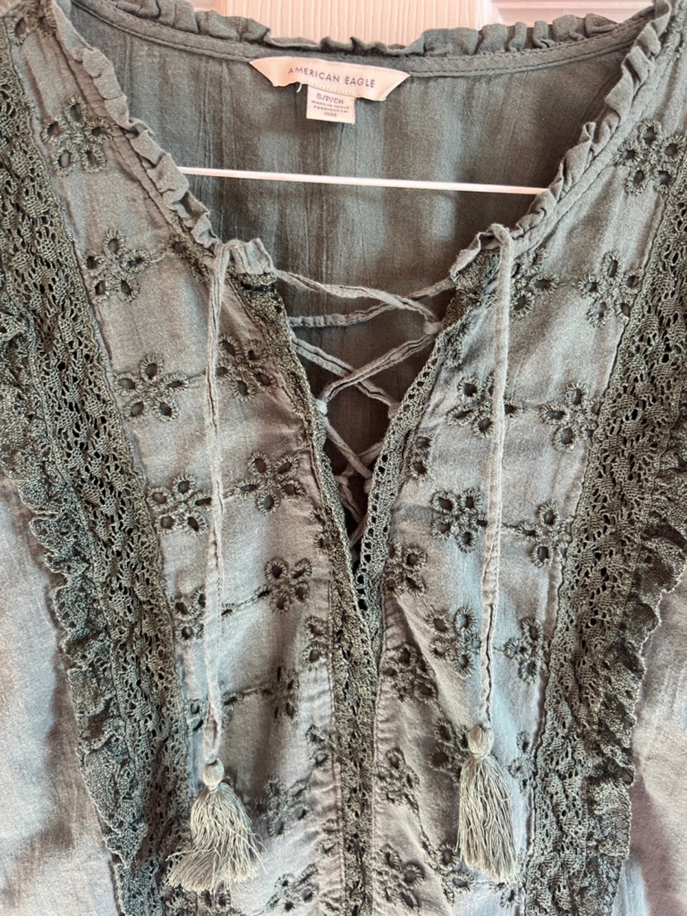 American Eagle Green Lace-Up Embroidered Blouse - Picture 2 of 5